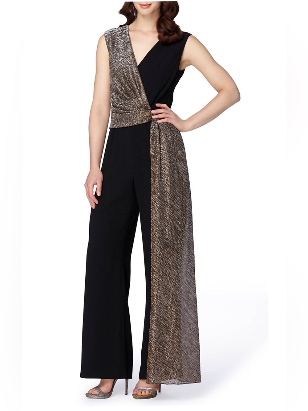 Tahari ASL Sleeveless V-Neck With Gold Sash Jumpsuit